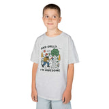 Axeually I'm Awesome Kids T Shirt worn by a smiling boy, featuring a playful lumberjack and tree design.