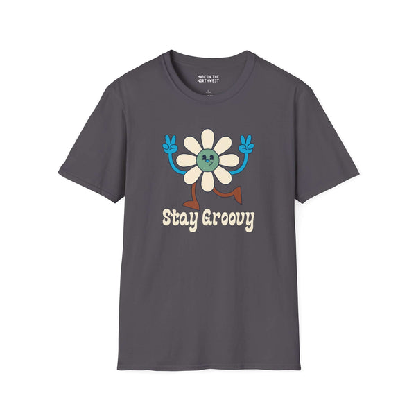 Stay Groovy retro flower t-shirt with 70s-style font, ideal for spreading good vibes and a laid-back attitude.