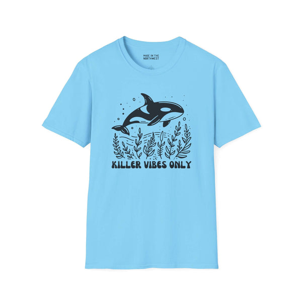 Killer Vibes Only Orca Whale softstyle t-shirt in light blue with bold graphic design and ocean theme.