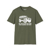 My Jeep is Dirtier Than Your Search History t-shirt for off-road enthusiasts, olive green with jeep graphic.