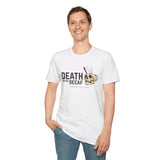 Death Before Decaf T Shirt – Bold Skull Coffee Graphic Tee worn by smiling man, showcasing bold coffee-themed design.