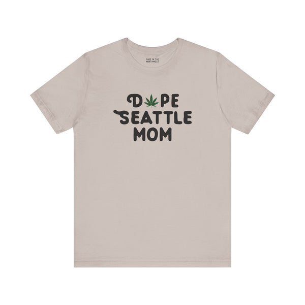 Dope Seattle Mom premium soft tee featuring a playful marijuana leaf instead of 'O' in Dope, perfect for cool moms.