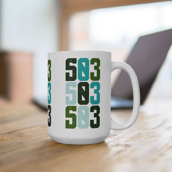 Colorful Five-Oh-Three Pop ceramic mug with stacked design, showcasing Portland's vibrant spirit.