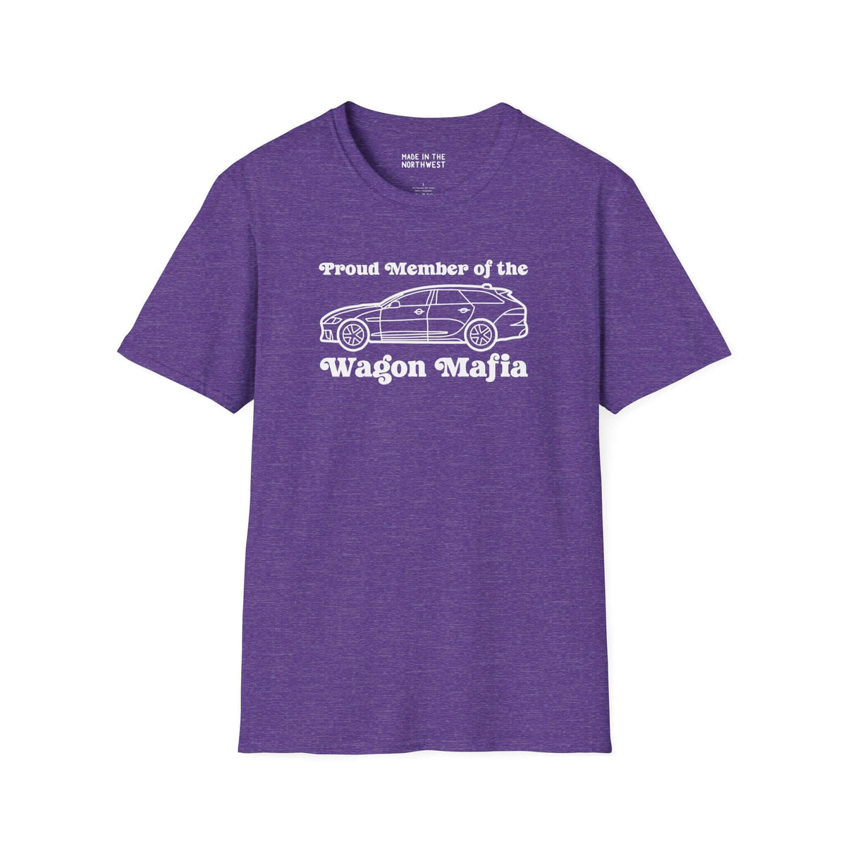 Purple softstyle t-shirt featuring 'Proud Member of the Wagon Mafia' text and graphic design of a wagon.