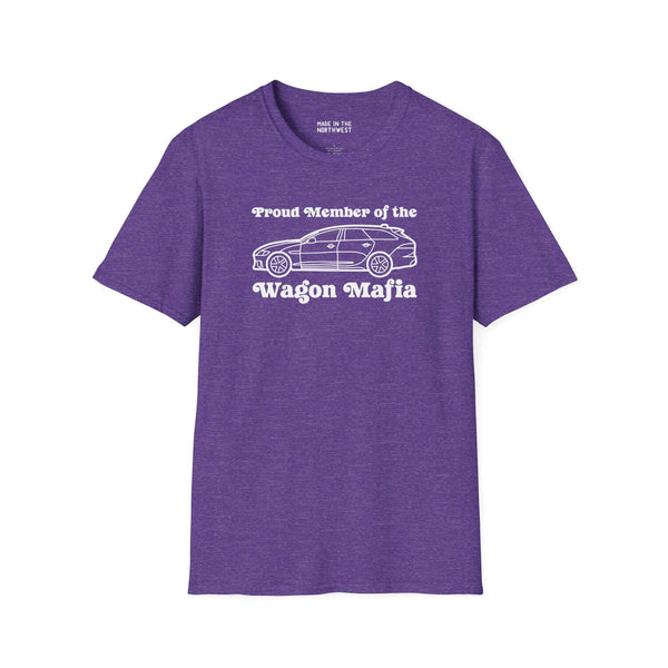 Purple softstyle t-shirt featuring 'Proud Member of the Wagon Mafia' text and graphic design of a wagon.