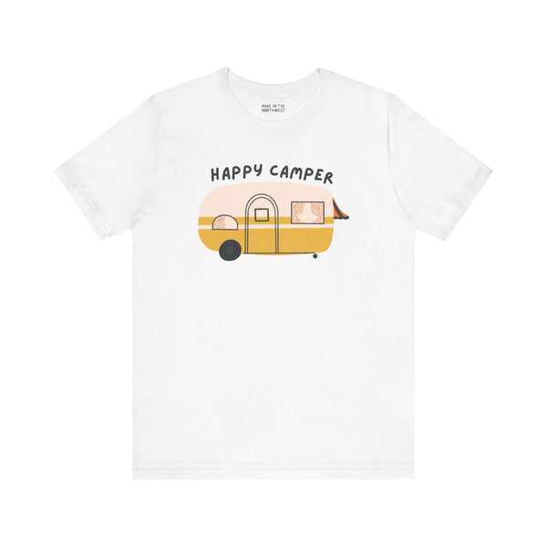 Happy Camper Adventure Premium Soft Tee featuring a vintage camper design, perfect for road trips and camping lovers.