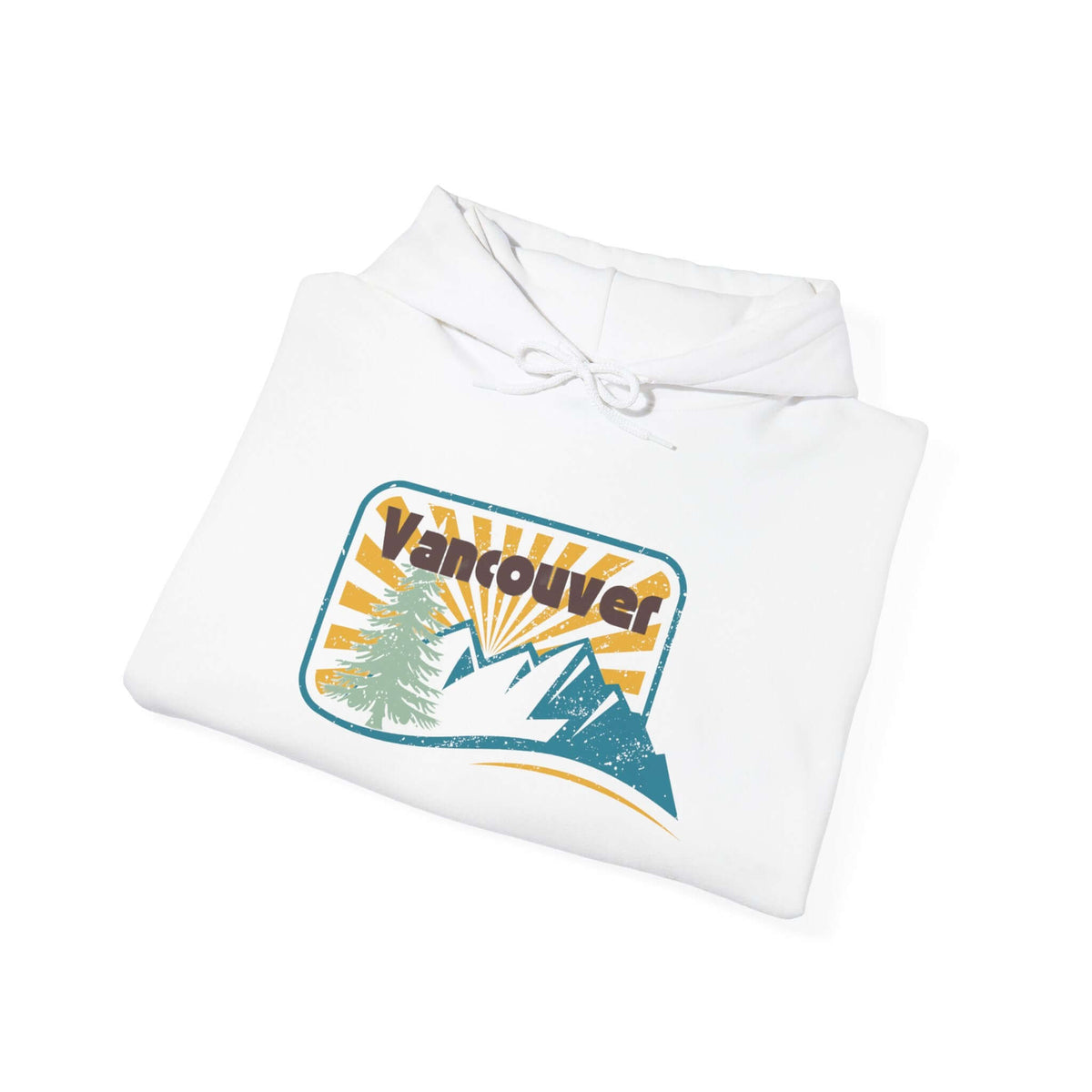 Vancouver's Golden Hour unisex hoodie featuring mountains, trees, and a sunburst design capturing Vancouver's natural beauty.