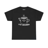 Black tee with cute illustrated coffee mug waving, text 