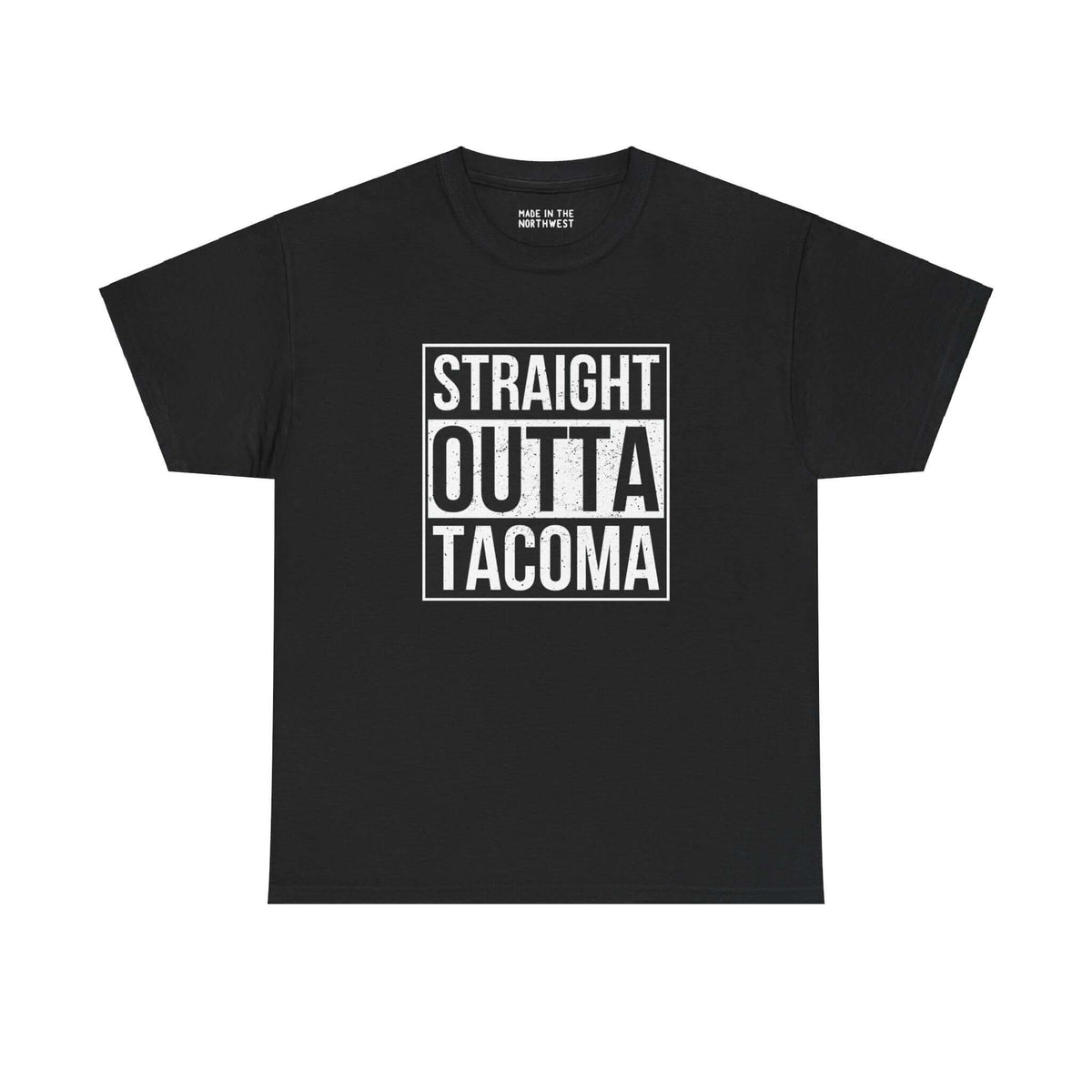 Black "Straight Outta Tacoma" athletic tee showcasing bold city pride in a classic streetwear style.