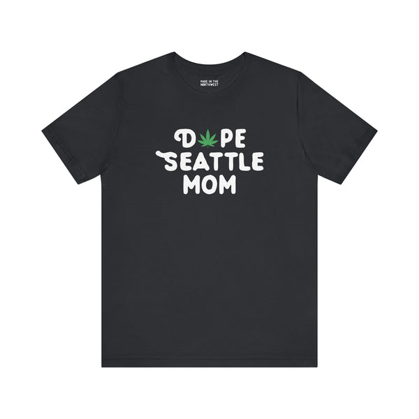 Dope Seattle Mom premium soft tee with marijuana leaf design, perfect for trendy Seattle moms celebrating local culture.