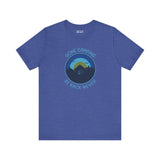 Premium soft blue tee featuring 'Gone Camping, Be Back Never' design, perfect for outdoor lovers and camping enthusiasts.