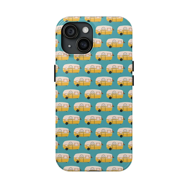 Happy Camper Adventure tough phone case with a vintage camper design, perfect for road trip lovers.