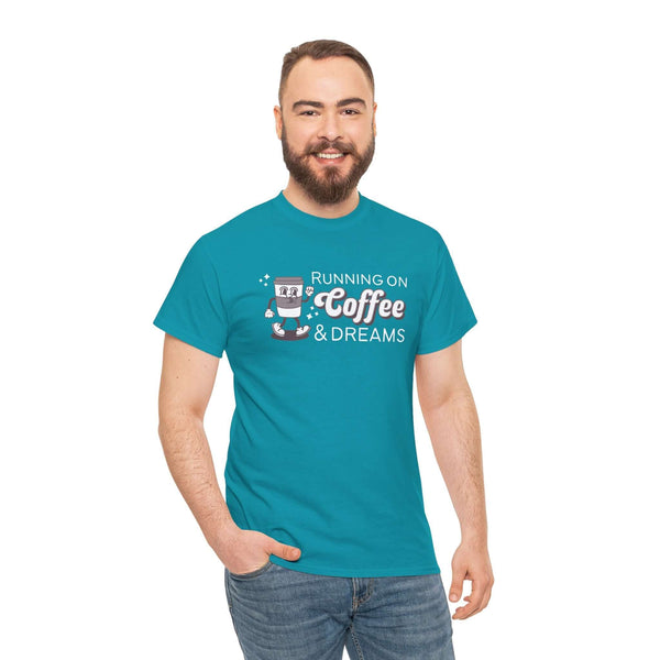 Man wearing teal 'Running on Coffee and Dreams' athletic tee with vintage coffee cup illustration.