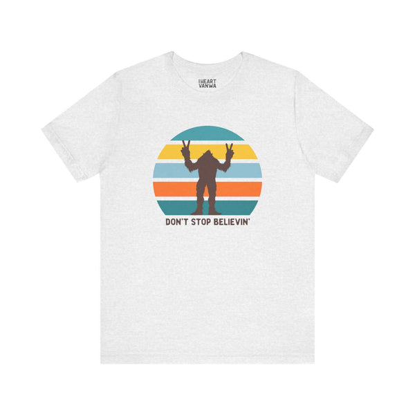 Don't Stop Believin' Bigfoot Soft Tee Channel the legendary spirit of the Pacific Northwest with our "Don't Stop Believin'" Bigfoot Tee. Featuring the iconic phrase "Don't Stop Believin'" alongside a playful Bigfoot graphic, this shirt celebrates the myst