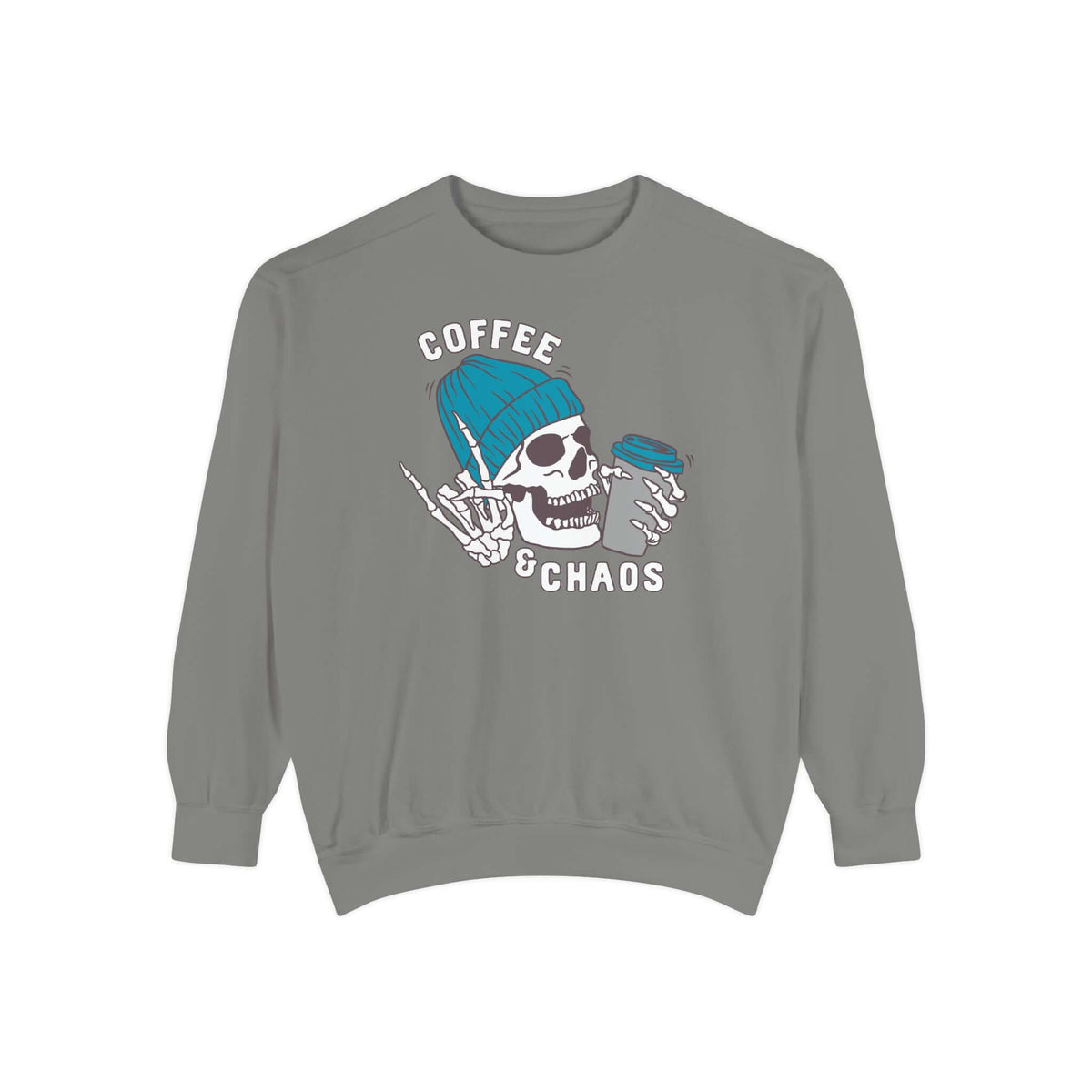 Coffee and Chaos sweatshirt featuring a rebellious skeleton holding coffee, perfect for caffeine lovers.