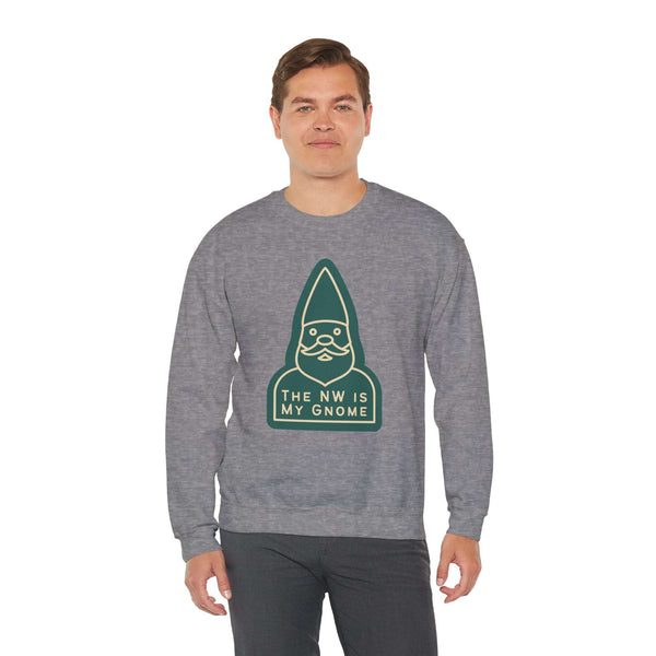 Man wearing "The NW Is My Gnome" sweatshirt with playful gnome design, perfect for Pacific Northwest enthusiasts.