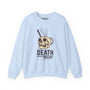Light blue sweatshirt featuring 'Death Before Decaf' with a skull mug design for coffee lovers.
