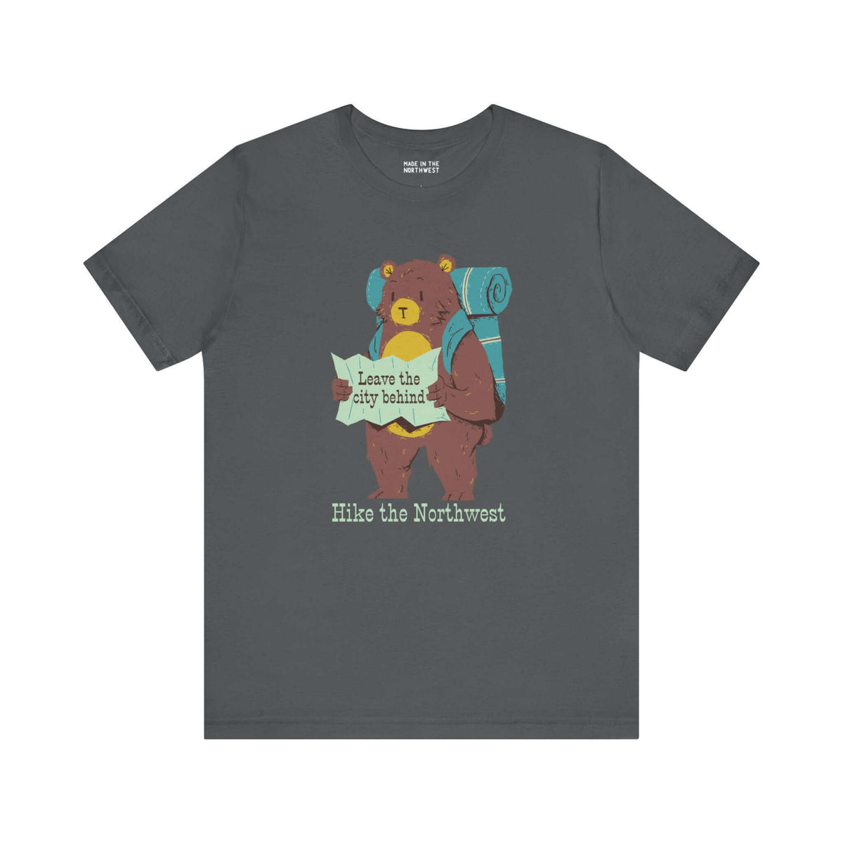 Bear's Big Northwest Adventure Tee with bear holding map and backpack, text "Leave the city behind. Hike the Northwest."