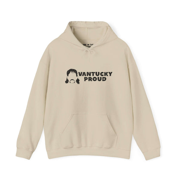 Vantucky Proud Rusty McCoy hoodie in beige, showcasing a simple design with the text 'VANTUCKY PROUD'.