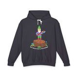 Hoodie featuring a gnome on a stump with an axe, playful twist on Scarface line, Say Hello to My Little Friend.