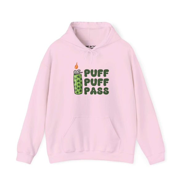 Pink hooded sweatshirt featuring 'Puff Puff Pass' text and lighter design with marijuana leaves.