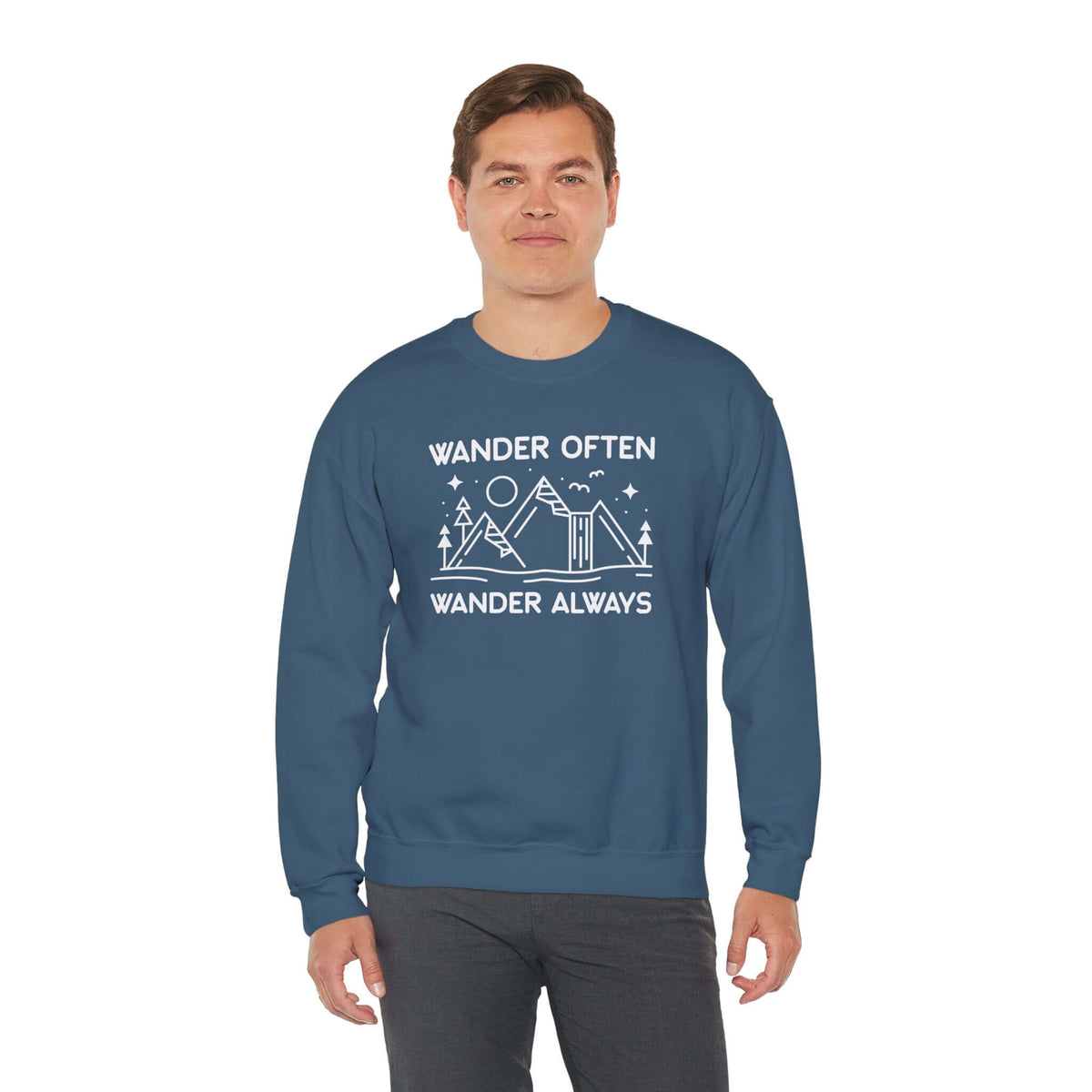 Wander Often Wander Always Sweatshirt modeled by a man, featuring a mountain and tent design with outdoor theme.