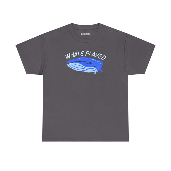 Whale Played Tee featuring a playful whale illustration on a gray shirt.
