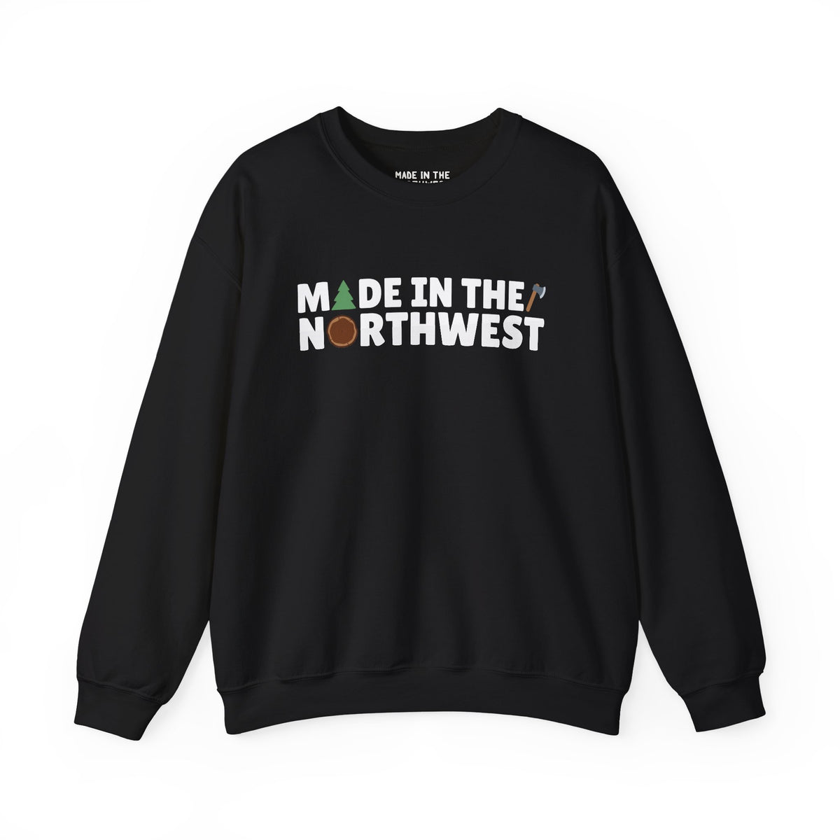 Northwest Woodlands cozy sweatshirt featuring trees, log, and axe design for outdoor enthusiasts.