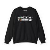 Northwest Woodlands cozy sweatshirt featuring trees, log, and axe design for outdoor enthusiasts.
