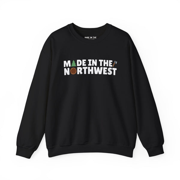 Northwest Woodlands cozy sweatshirt featuring trees, log, and axe design for outdoor enthusiasts.