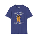 We're Soggy But Happy Softstyle T-Shirt featuring a drenched cat in a raincoat, perfect for Pacific Northwest lovers.