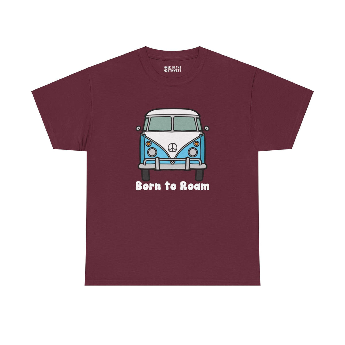 "Born to Roam athletic tee featuring vanagon bus with peace sign, perfect for nomadic lifestyle enthusiasts, maroon color"