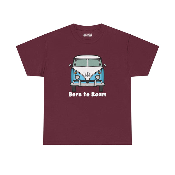 "Born to Roam athletic tee featuring vanagon bus with peace sign, perfect for nomadic lifestyle enthusiasts, maroon color"