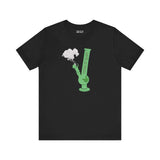 Black tee featuring a green bong graphic with a marijuana leaf, capturing PNW cannabis culture with 