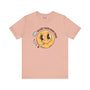 Blaze Your Own Trail premium soft tee featuring a happy smiley face graphic with a cigarette on a peach background.