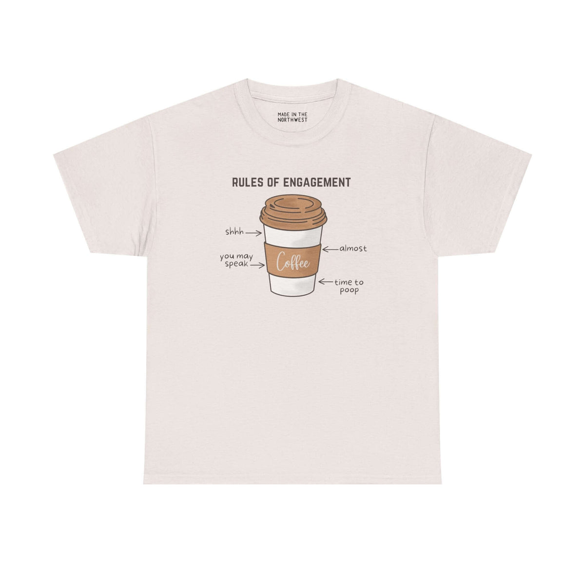 Coffee Edition Athletic Tee with 'Rules of Engagement' design illustrating coffee etiquette.