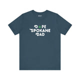 Dope Spokane Dad soft tee featuring a playful marijuana leaf in place of the 'O', perfect for cool dads.