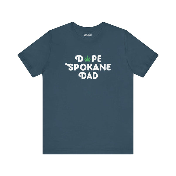 Dope Spokane Dad soft tee featuring a playful marijuana leaf in place of the 'O', perfect for cool dads.
