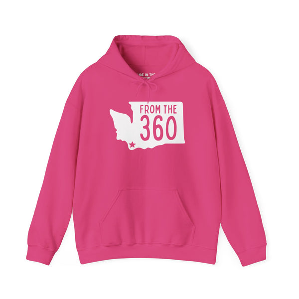 Pink hoodie featuring Washington state silhouette and 'From the 360' text, perfect for local pride.