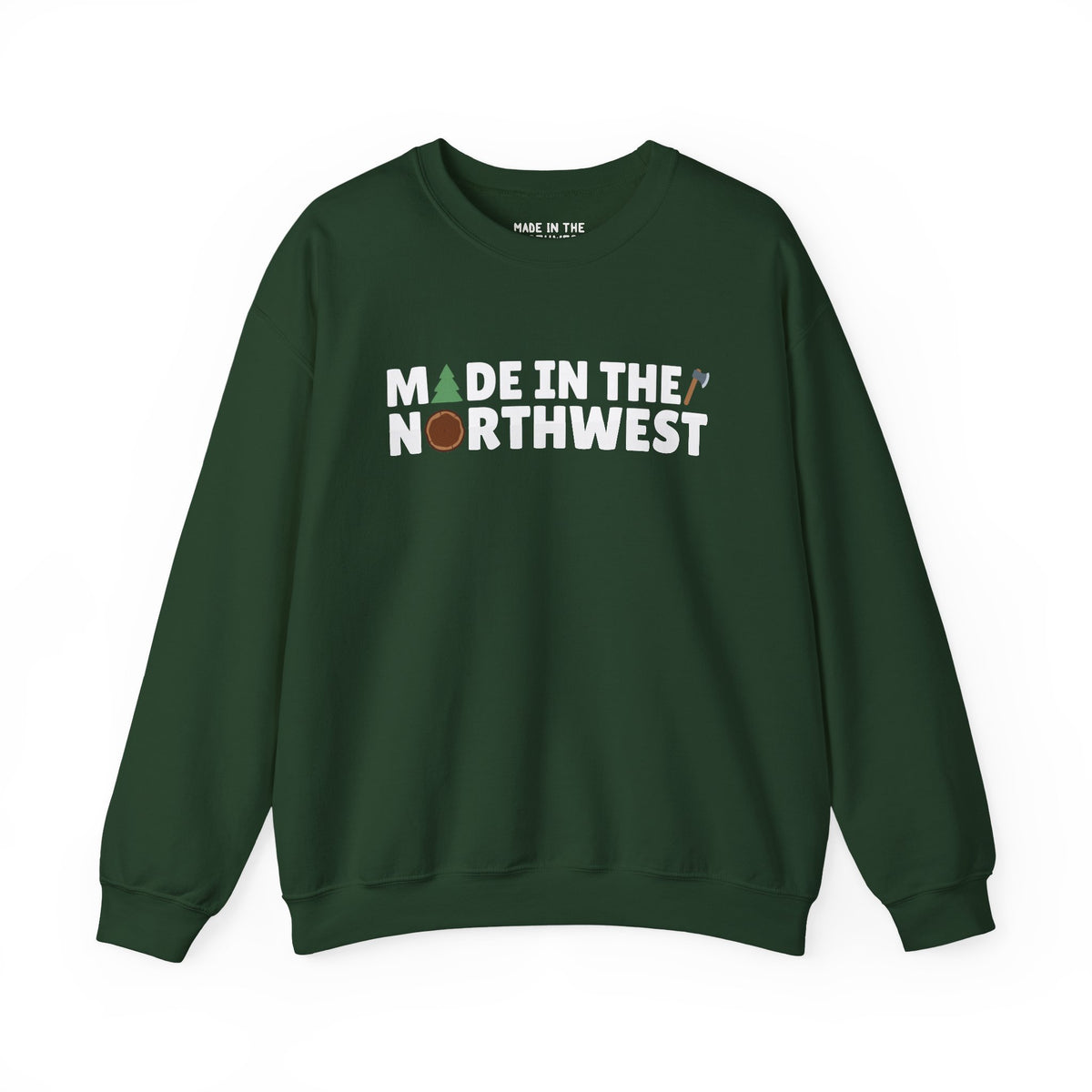 Northwest Woodlands cozy sweatshirt featuring 'Made in the Northwest' text and forest-themed design.