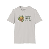 Light gray t-shirt featuring 'Find Your Wild' design with a backpack and ferns, perfect for outdoor enthusiasts.