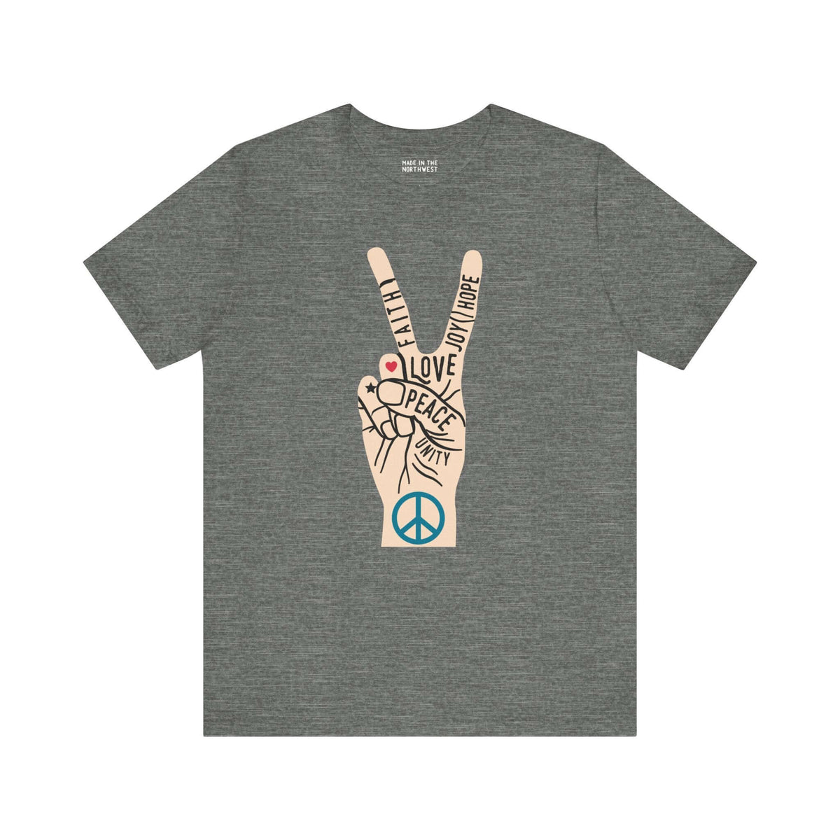 Power in Peace Premium Soft Tee featuring a hand sign with words promoting faith, love, and unity.