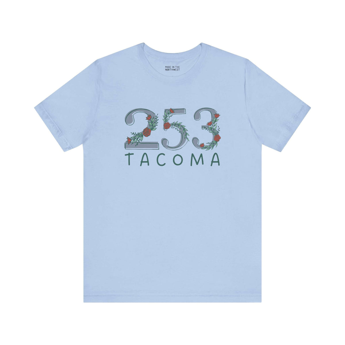 Light blue 253 Floral Area Code soft tee with Tacoma text, showcasing Pacific Northwest style and floral design.