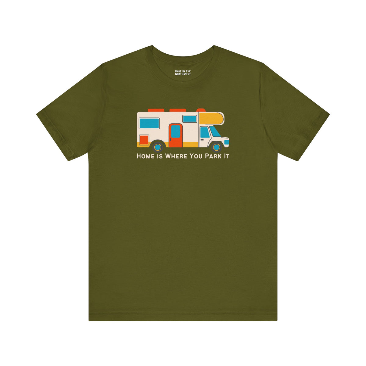 Home Is Where You Park It premium soft tee featuring a colorful RV graphic, perfect for van lifers and adventurers.