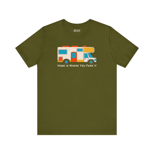 Home Is Where You Park It premium soft tee featuring a colorful RV graphic, perfect for van lifers and adventurers.