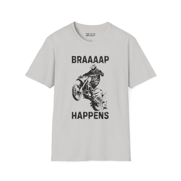 Braaaap Happens motocross softstyle t-shirt with rider and dirt bike graphic, ideal for thrill-seeking riders.