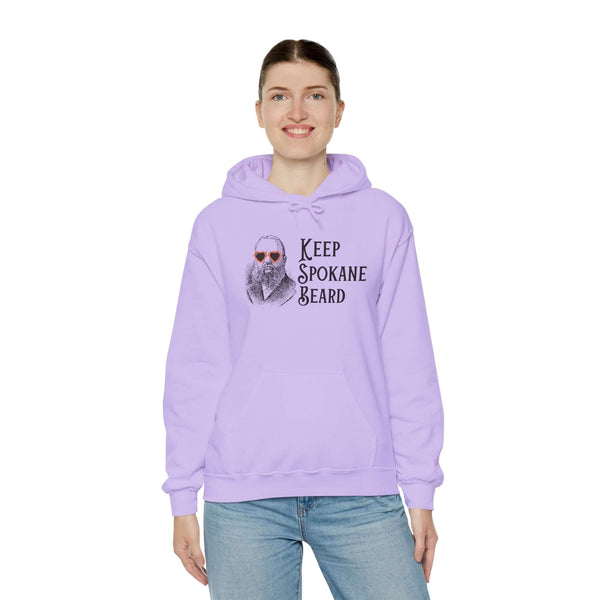 Lavender Keep Spokane Beard hoodie featuring a bearded man in sunglasses, perfect for outdoor adventures.