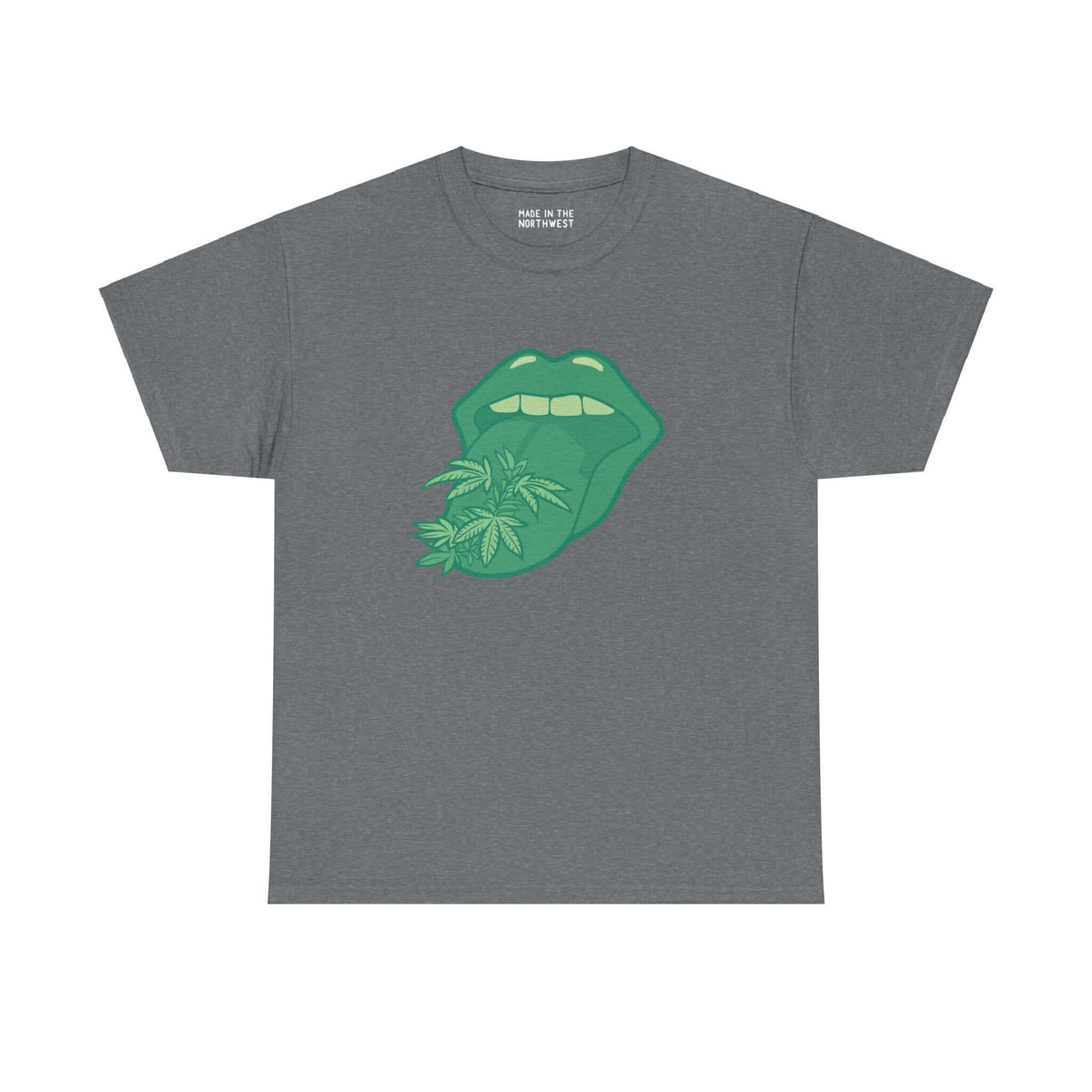 Gray athletic tee featuring a bold green tongue with marijuana leaves design.