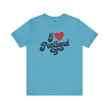 I love Portland t shirt in blue with cursive design expressing Oregon hometown pride.