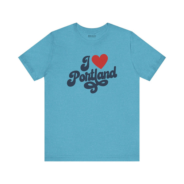 I love Portland t shirt in blue with cursive design expressing Oregon hometown pride.